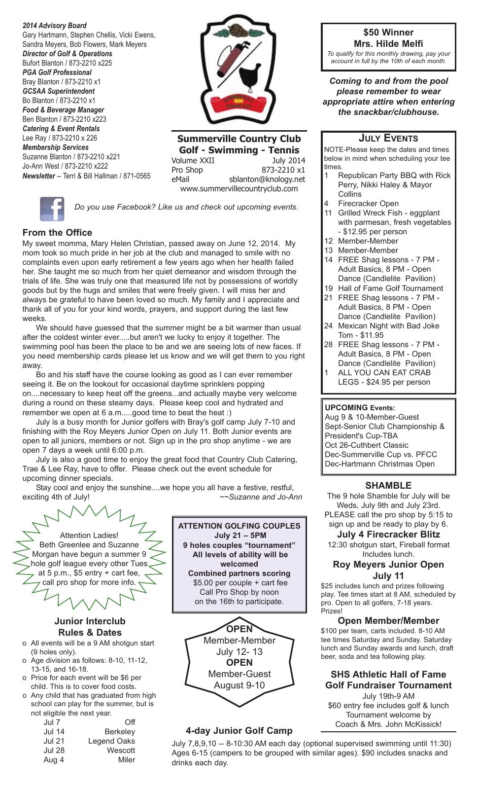 July 2014 newsletter, page 1 of 2