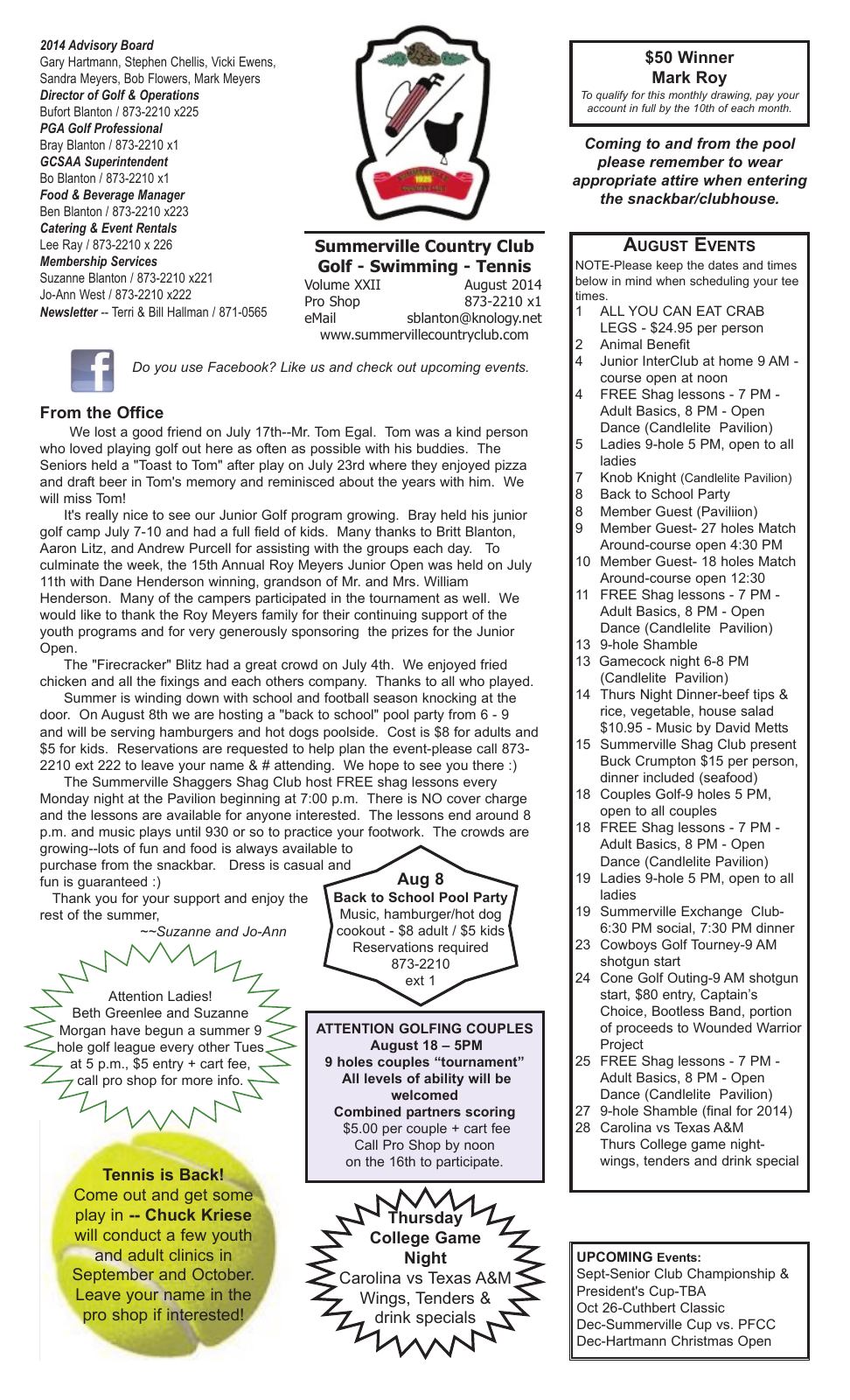 August 2014 newsletter, page 1 of 2