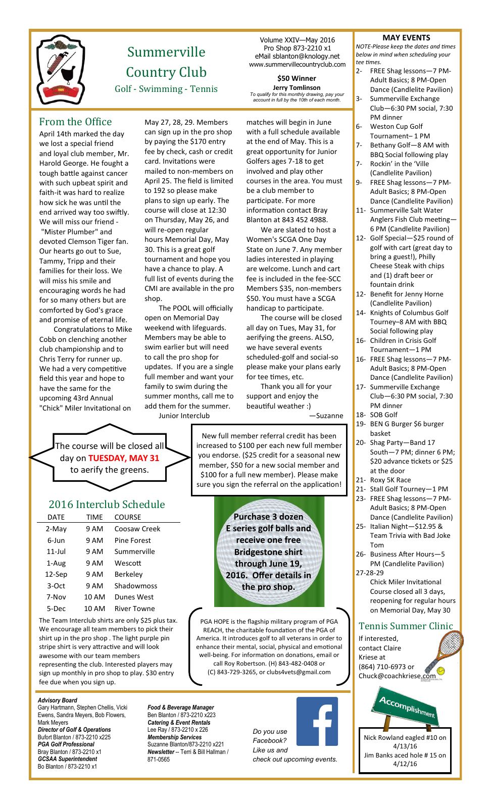 May 2016 newsletter, page 1 of 2
