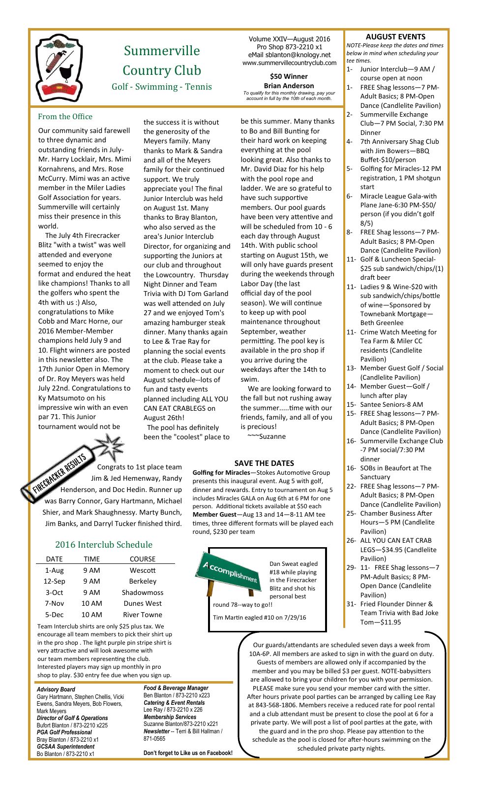 August 2016 newsletter, page 1 of 2