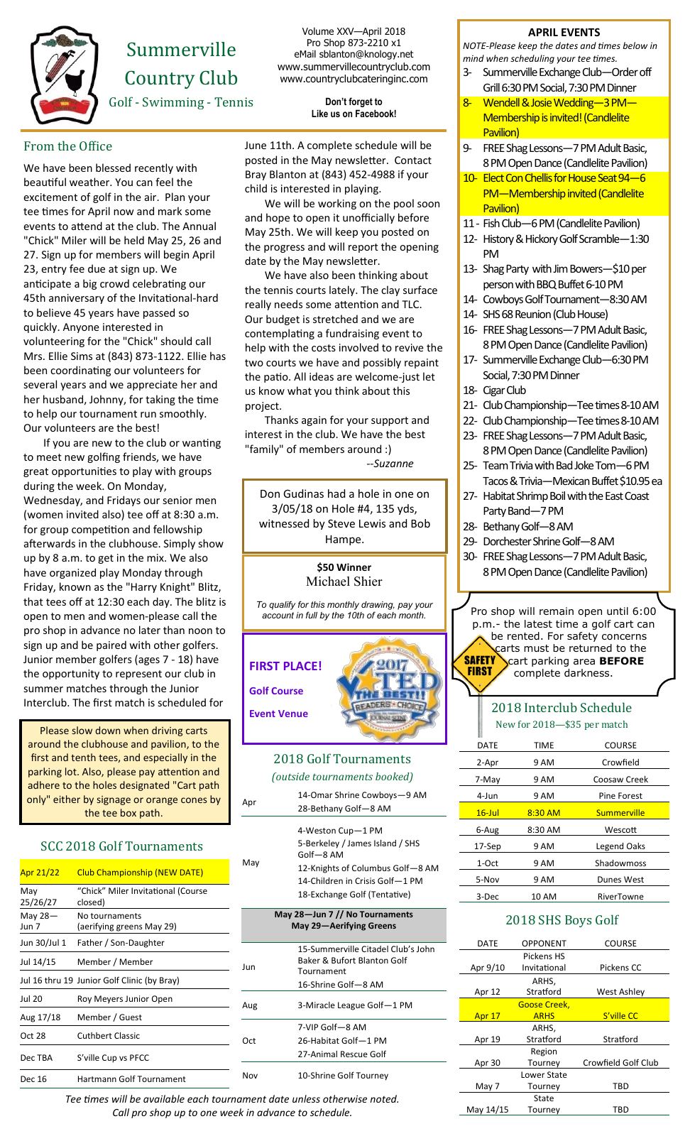 April 2018 newsletter, page 1 of 2