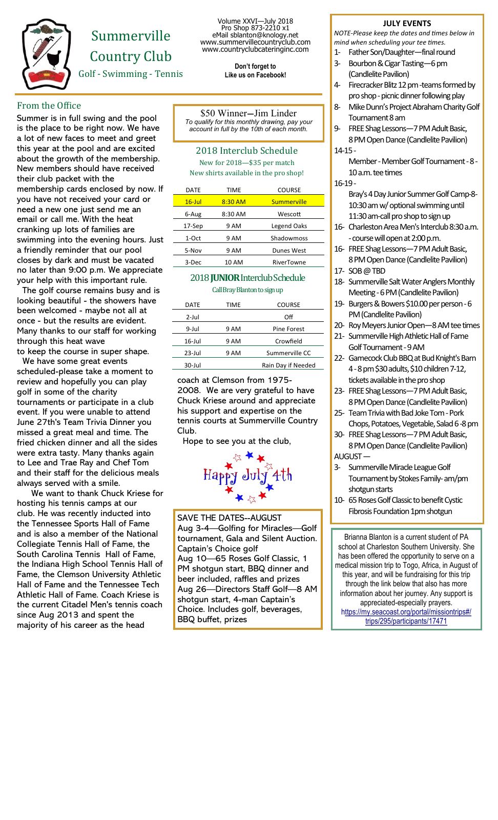 July 2018 newsletter, page 1 of 2
