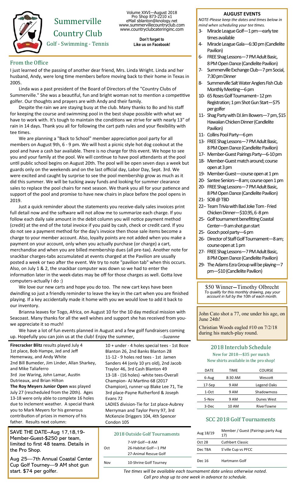 August 2018 newsletter, page 1 of 2