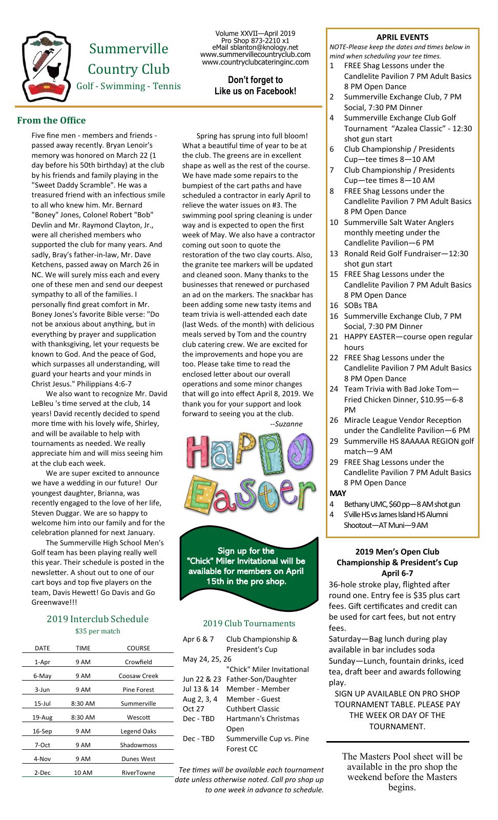 April 2019 newsletter, page 1 of 2
