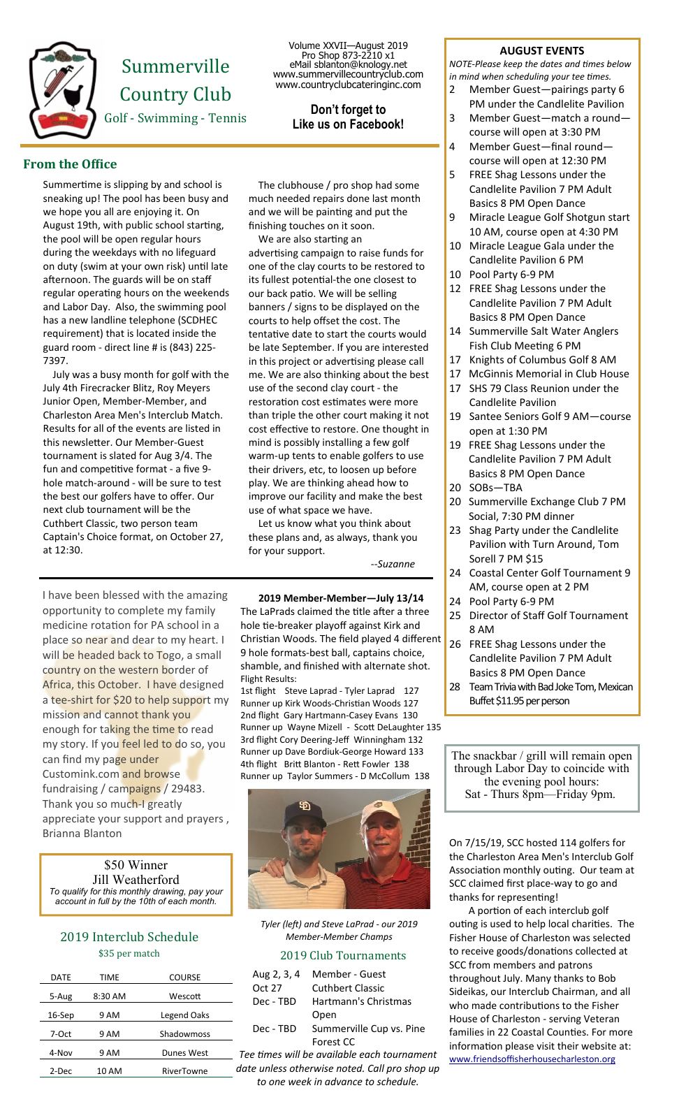 August 2019 newsletter, page 1 of 2
