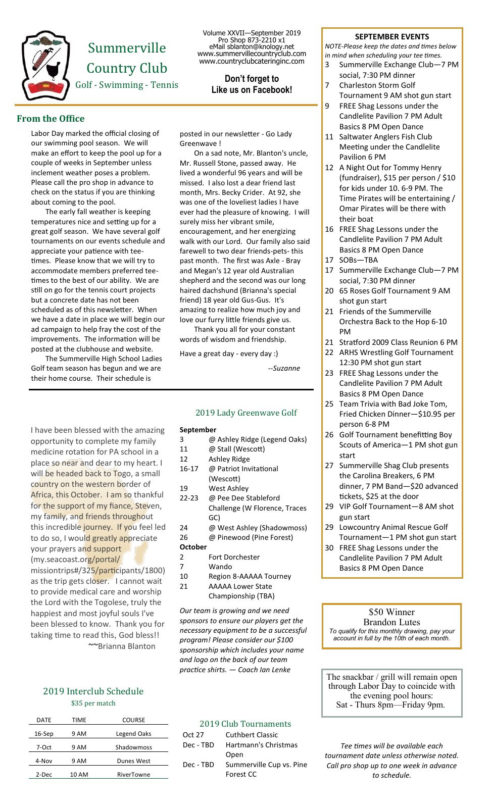 September 2019 newsletter, page 1 of 2