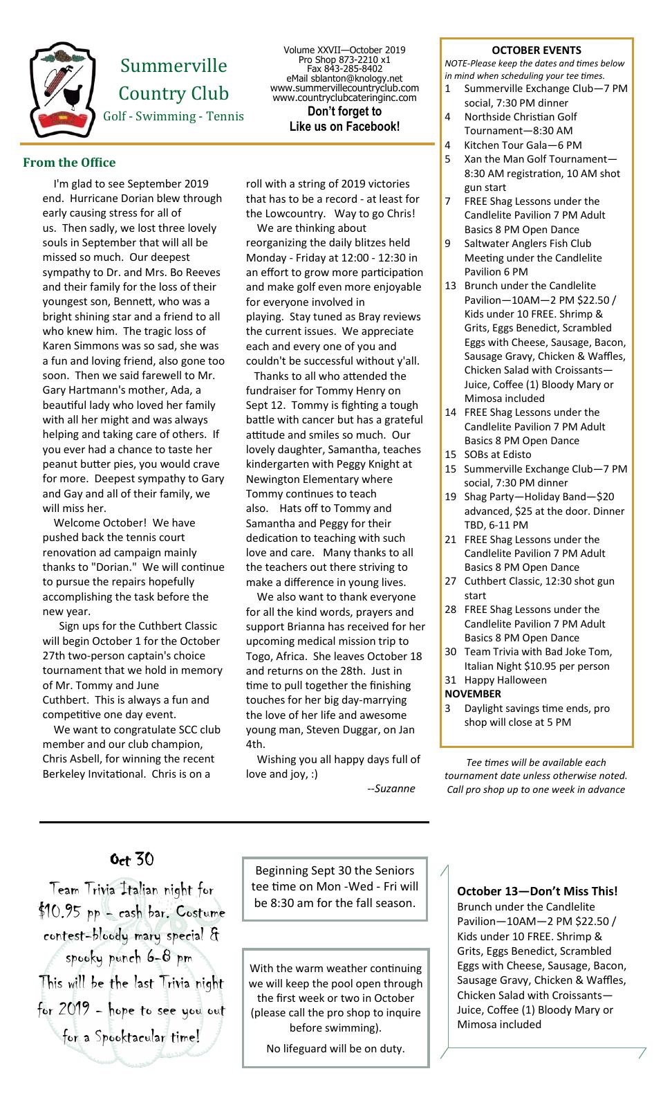 October 2019 newsletter, page 1 of 2