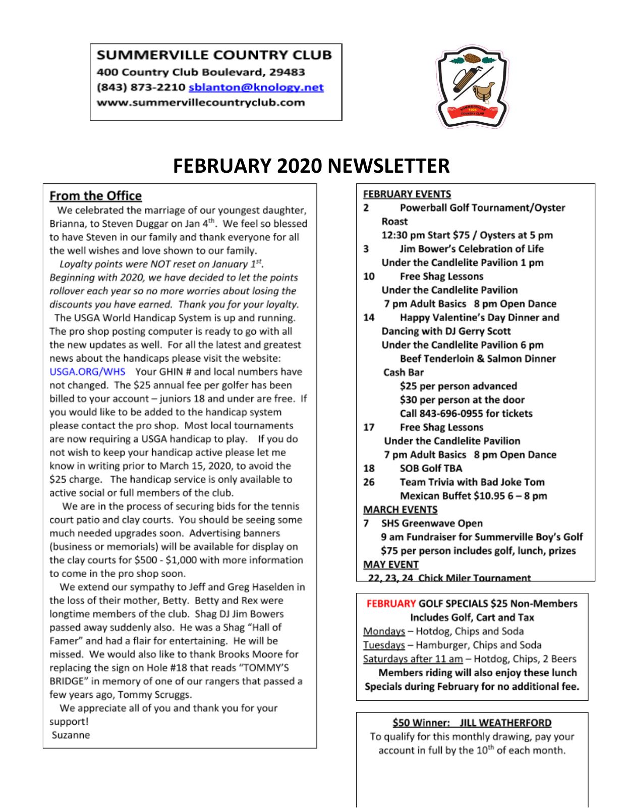 February 2020 newsletter, page 1 of 2