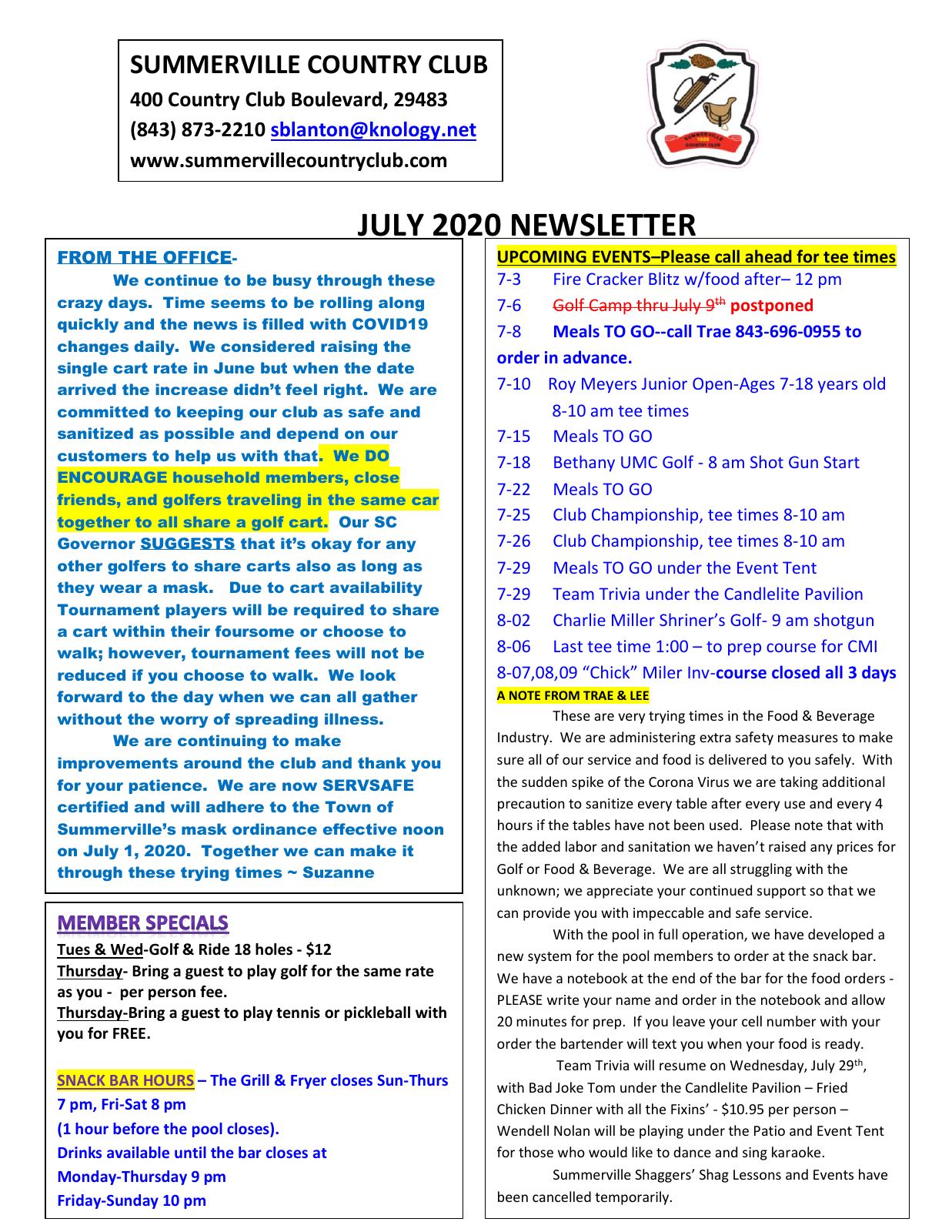 July 2020 newsletter, page 1 of 2