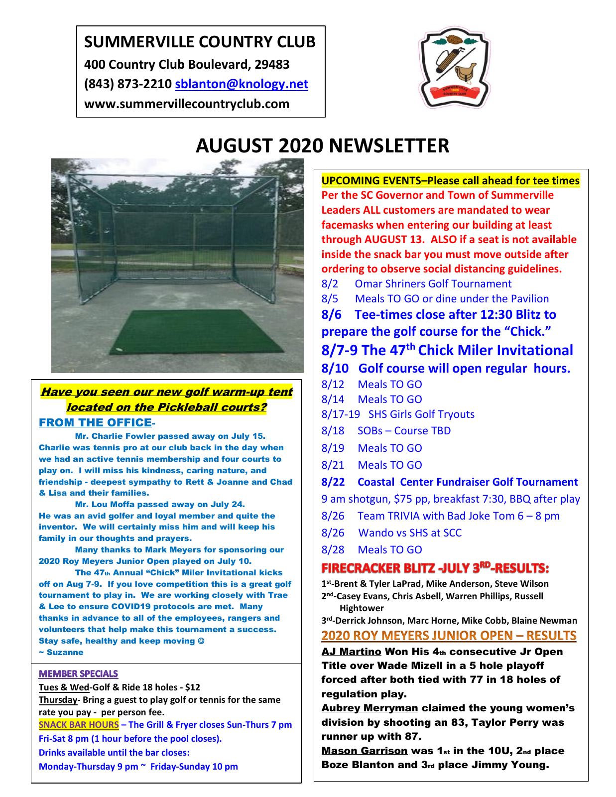 August 2020 newsletter, page 1 of 2