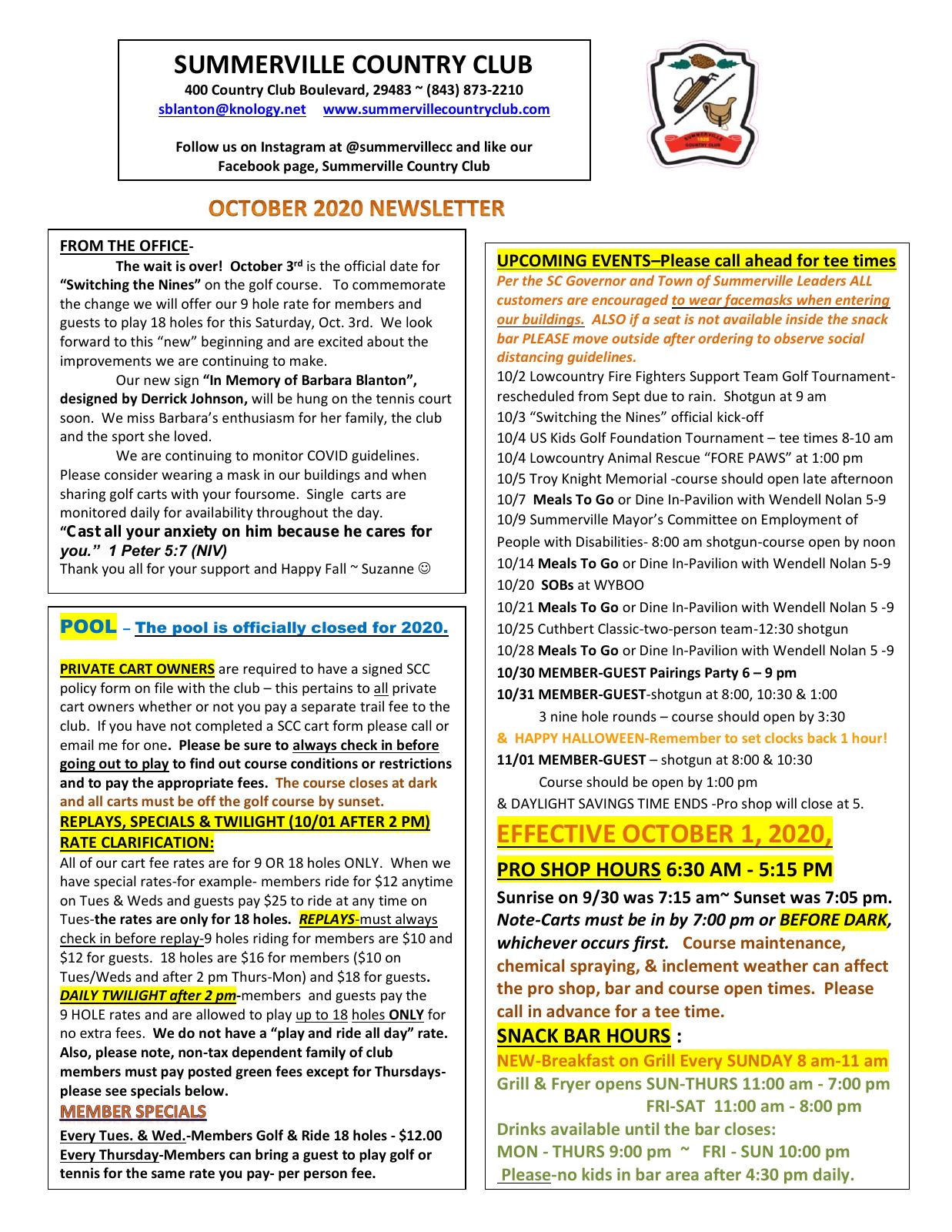 October 2020 newsletter, page 1 of 2