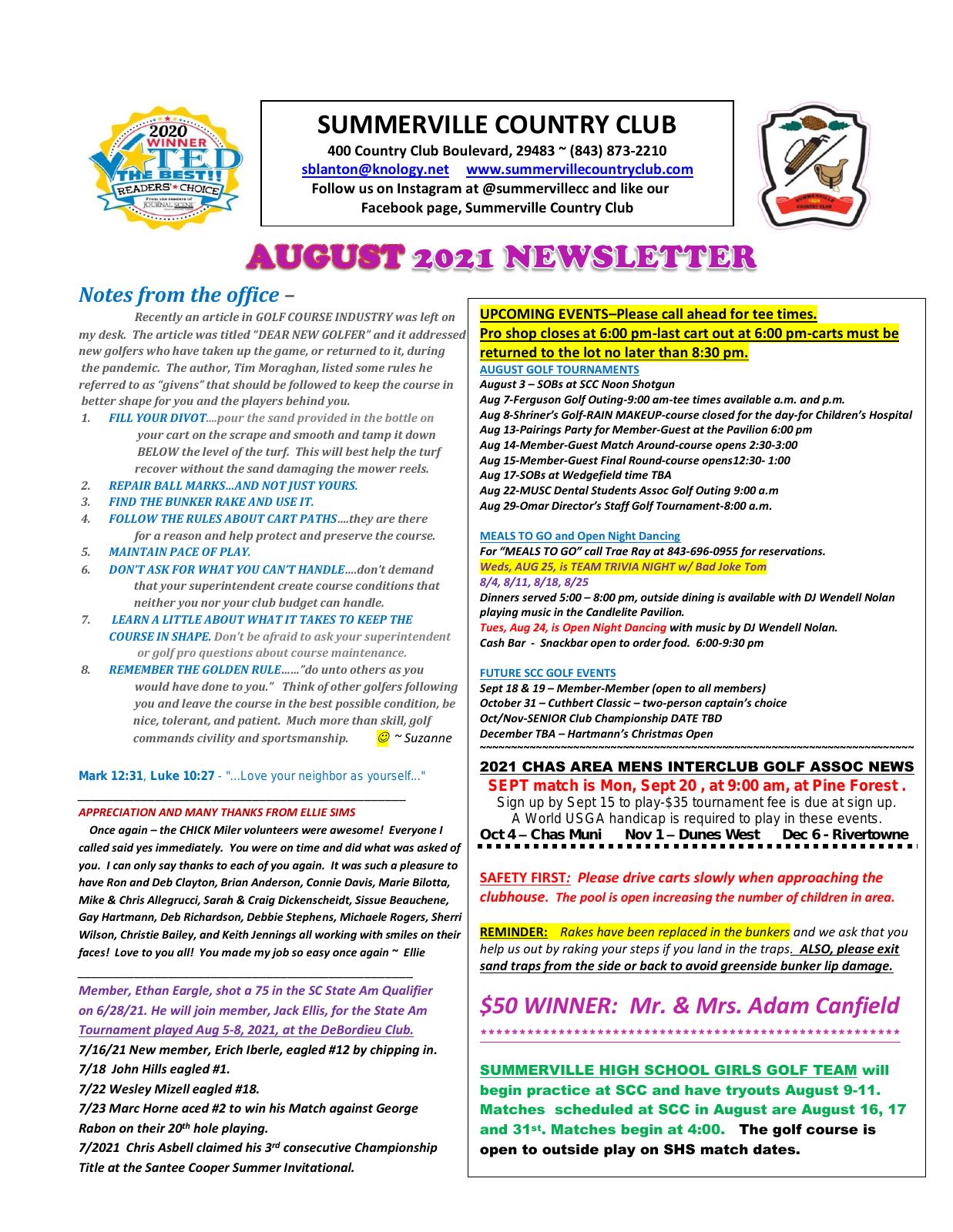 August 2021 newsletter, page 1 of 2