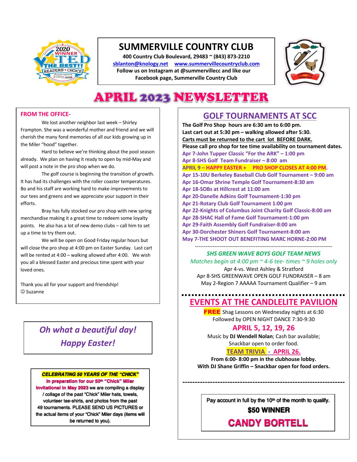 April 2023 newsletter, page 1 of 2