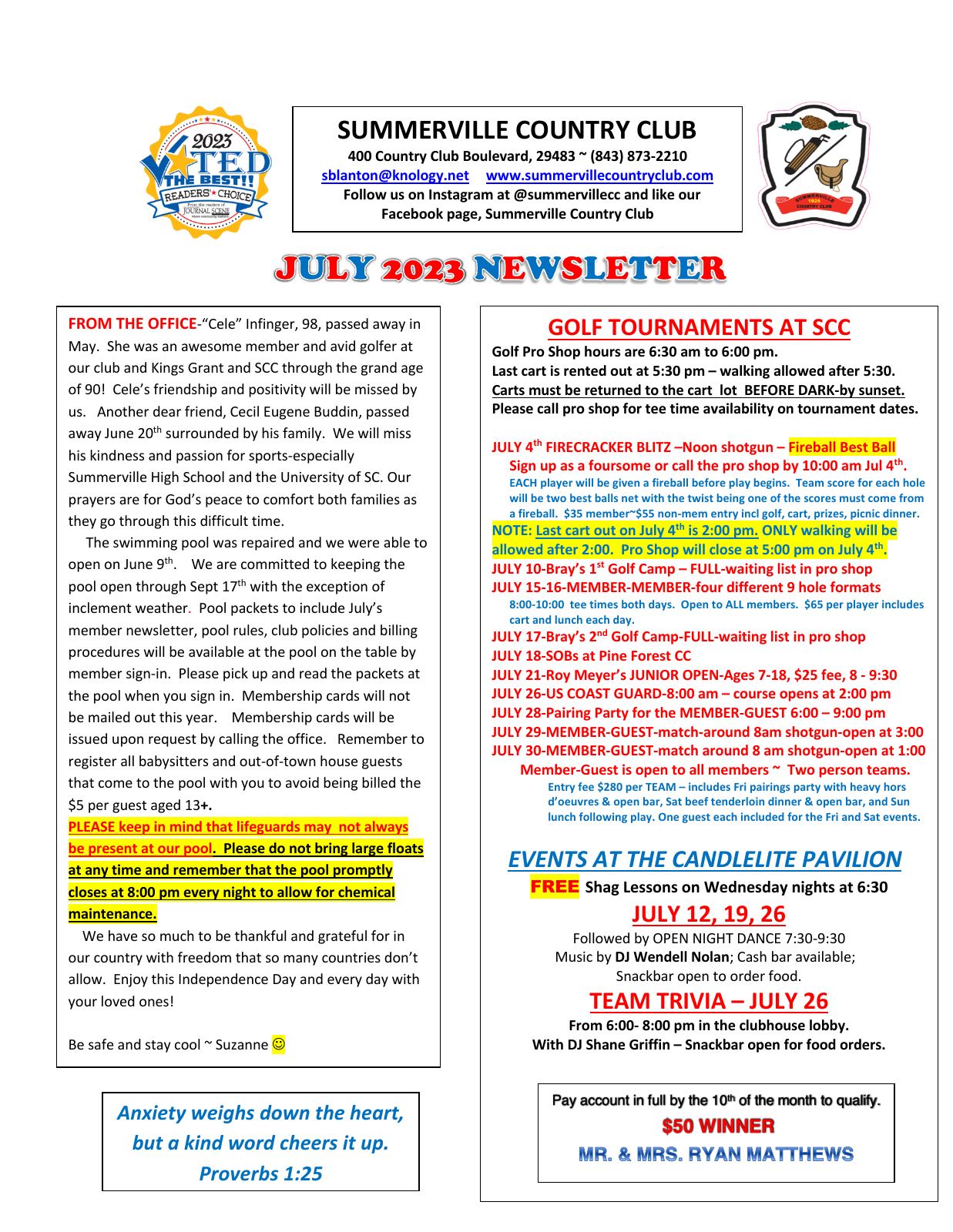 July 2023 newsletter, page 1 of 2