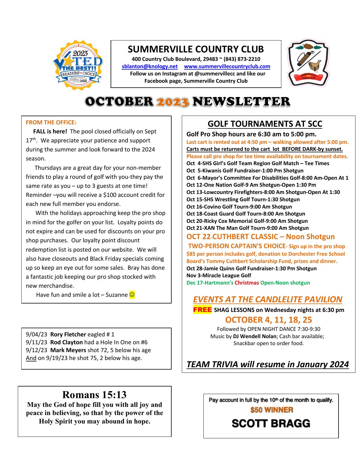 October 2023 newsletter, page 1 of 2